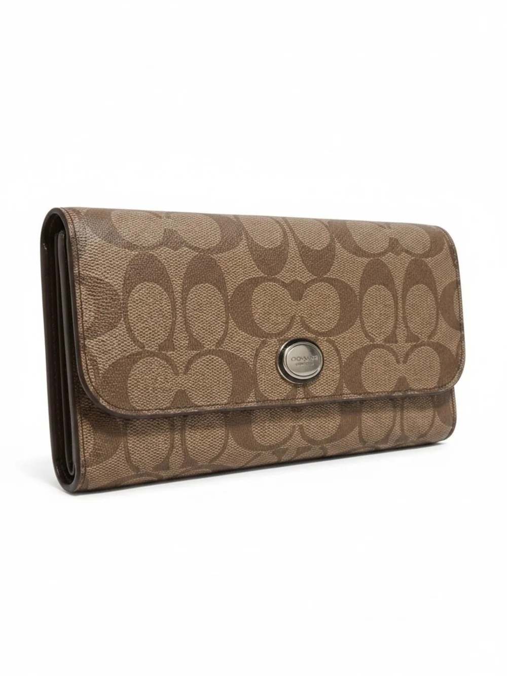 Coach F49135 Signature Checkbook Wallet Khaki Brown Long Wallet